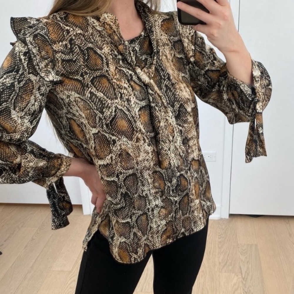 Zara Womens Blouse Black Beige Snakeskin